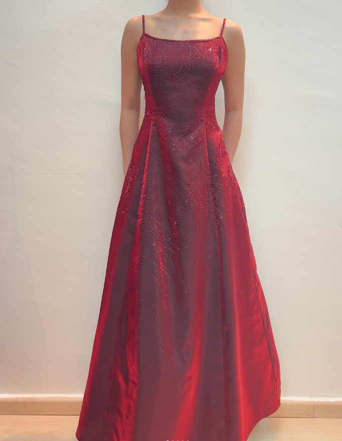 Vintage A Line Spaghetti Strap Beaded Burgundy Satin Long Prom Dress Evening Dress DP1789