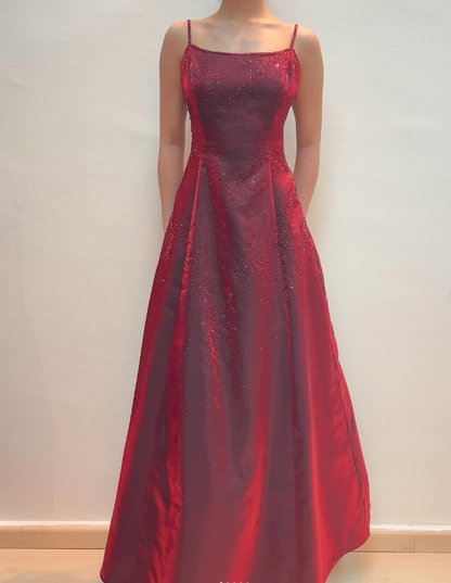 Vintage A Line Spaghetti Strap Beaded Burgundy Satin Long Prom Dress Evening Dress DP1789