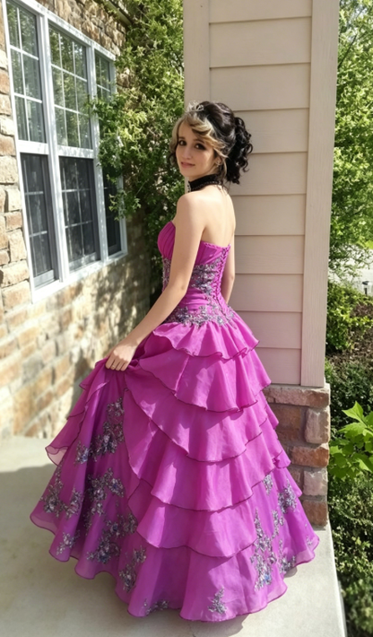 Vintage Pink Ball Gown Strapless Embroidered Layered Chiffon Prom Dress Graduation Prom Dress DP5105