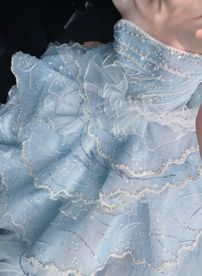 Baby Blue Ball Gown Strapless Shiny Beaded Layered Tulle Prom Dress Quinceanera Dress DP6611