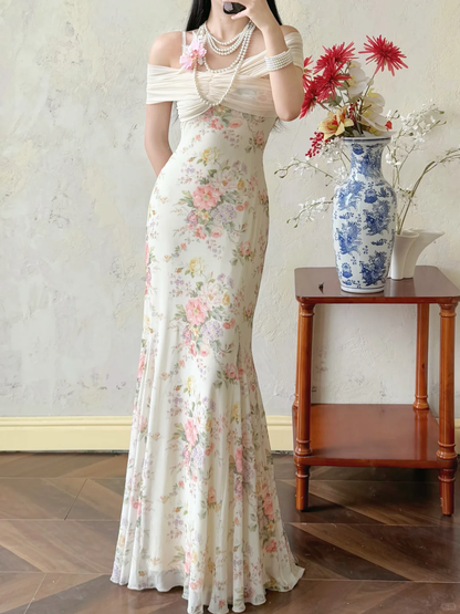 Gentle Print Floral Mermaid Off the Shoulder Ivory Chiffon Prom Dress Evening Dress DP6457