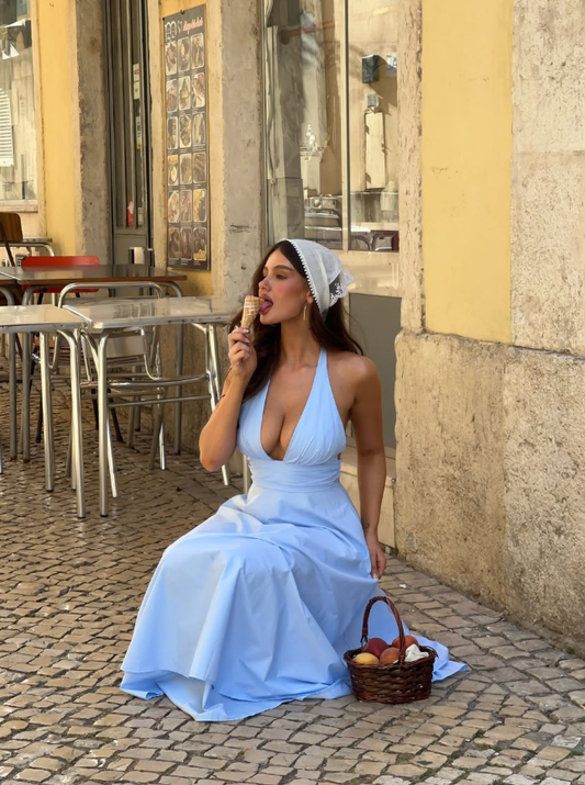 Sweety Baby Blue A Line Halter Satin Backless Prom Dress Outfits DP4929