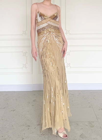 Shiny Gold Vintage A Line Straps Sequin Chiffon Long Prom Dress DP5070