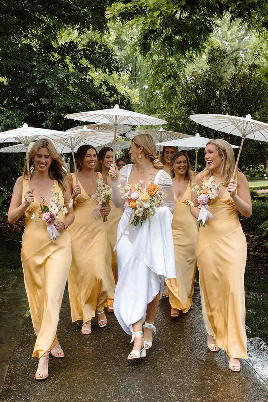 Yellow Cowl Neck Back Sheath Satin Bridesmaid Dress DP5868