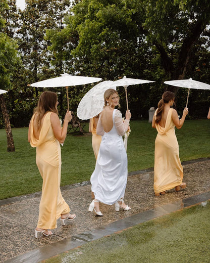 Yellow Cowl Neck Back Sheath Satin Bridesmaid Dress DP5868