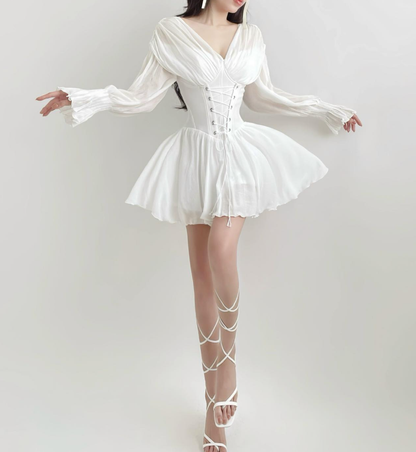 Pretty A Line Long Sleeve Corset White Chiffon Short Party Dress Homecoming Dress DP3018