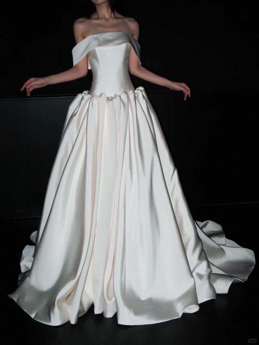 Elegant White Ball Gown Off the Shoulder Satin Long Train Wedding Dress DP8095