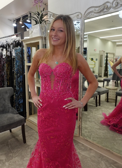Hot Pink Mermaid Sweetheart Neck Corset Appliques Lace Long Prom Dress Evening Dress DP5946