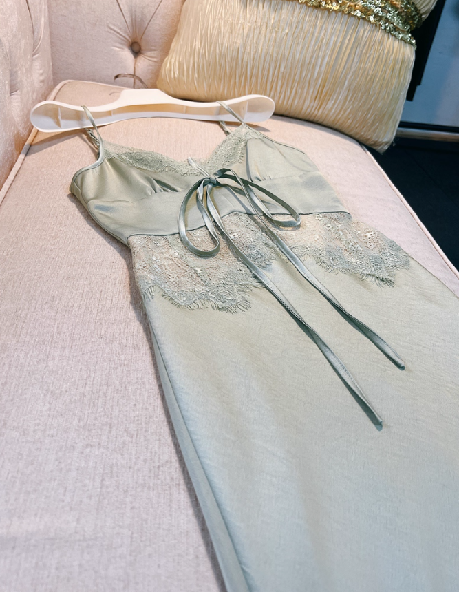 Sexy Green Mermaid Spaghetti Strap Lace Satin Prom Dress Wedding Guest Dress DP4485