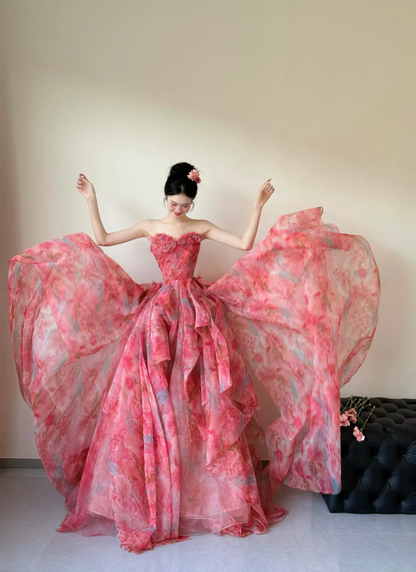 Pink A Line Sweetheart Neck Print Floral Chiffon Long Prom Dress Evening Dress DP1967