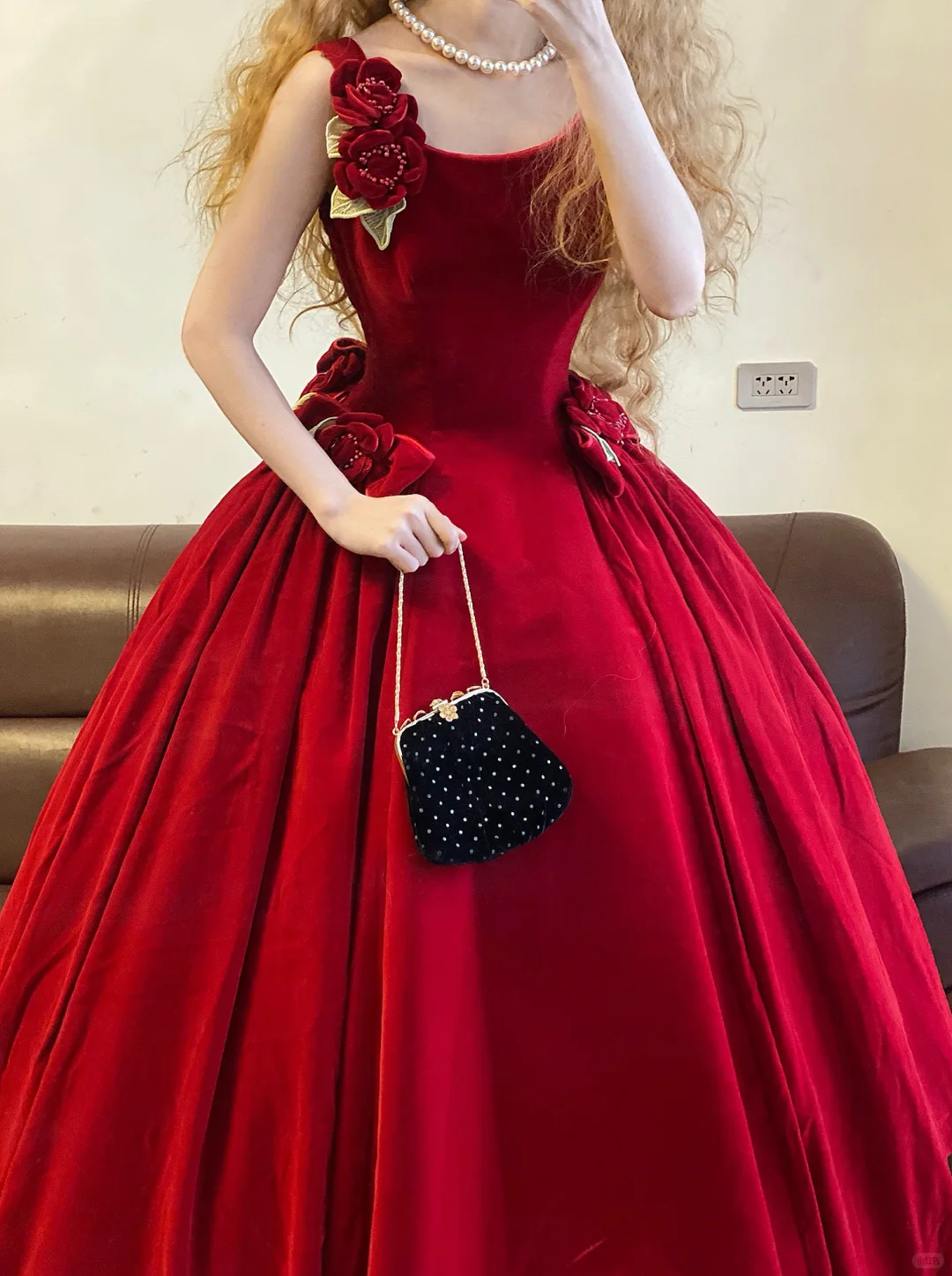 Red Ball Gown Straps Floral Velvet 16th Birthday Dress Party Dress Quinceanera Dress DP4093