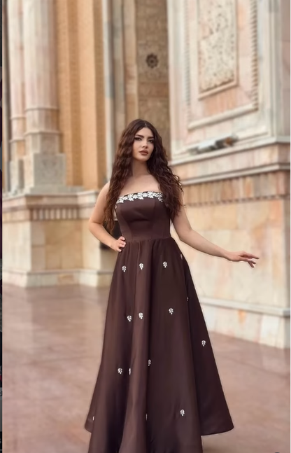 Brown A Line Strapless Shiny Beaded Satin Prom Dress Evening Dress DP5027