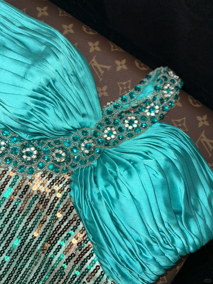 Vintage Luxurious Blue Mermaid Halter Sequin Satin Prom Dress Party Evening Dress DP5356