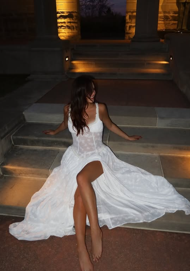 White A Line Spaghetti Straps Satin Long Prom Dress Evening Dress with Slit DP1479