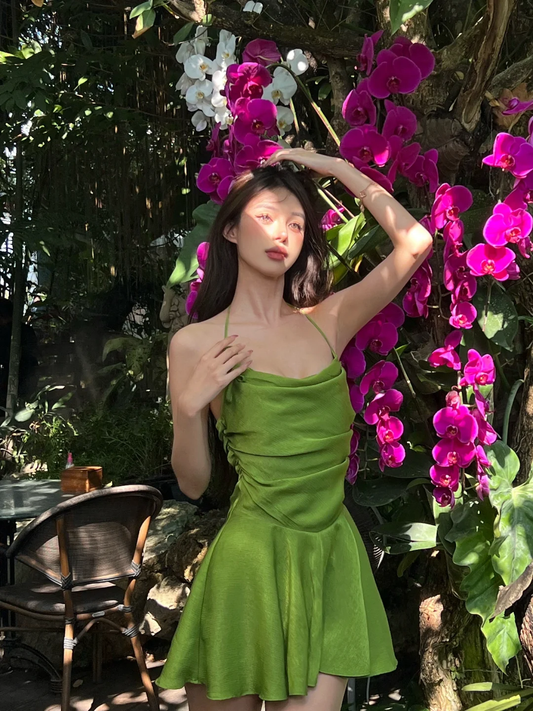 Cute Fresh Green A Line Halter Satin Mini Homecoming Dress Outfits DP3997