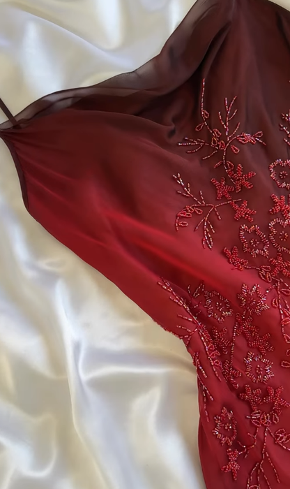 Vintage Red Ombre A Line Straps Beaded Chiffon Prom Dress DP5073