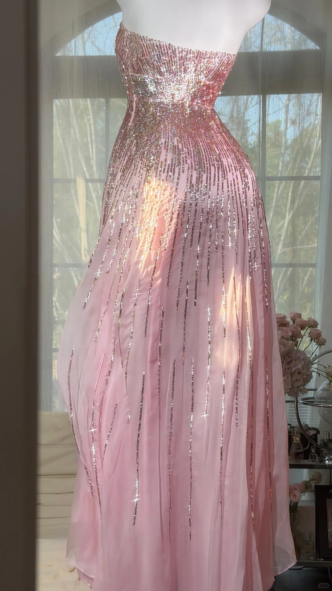 Pink Fairy A Line Strapless Shiny Sequin Chiffon Prom Dress Graduation Prom Dress DP4941