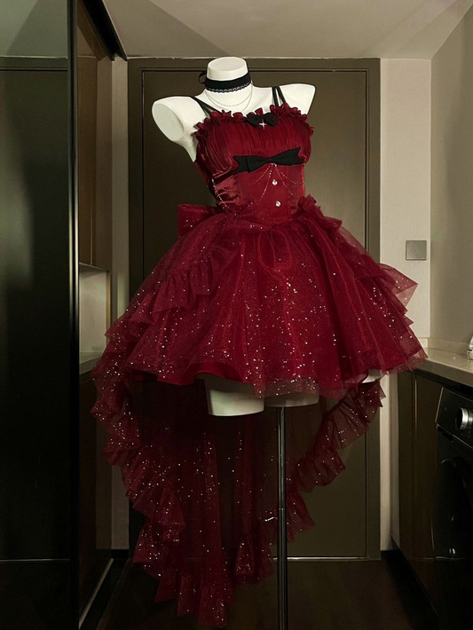 Vintage Red Tulle Hi-Low Ruffles Prom Dress Shiny Party Dress DP476