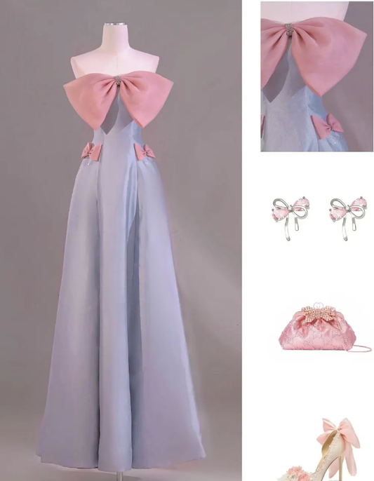 Cute A Line Strapless Pink Bow Blue Satin Long Prom Dress Evening Dress DP2001