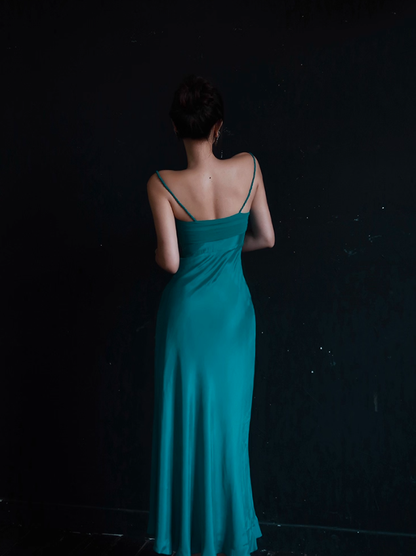 Lake Blue Sheath Spaghetti Strap Beaded Satin Long Prom Dress Party Dress Date Dresses DP3683