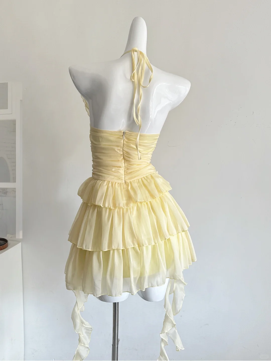 Cute A Line Halter Ruffle Flower Yellow Chiffon Short Homecoming Dress Cocktail Dress DP2568