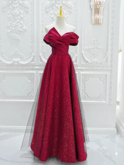 Shiny Off Shoulder Tulle Satin Burgundy Long Prom Dress DP424