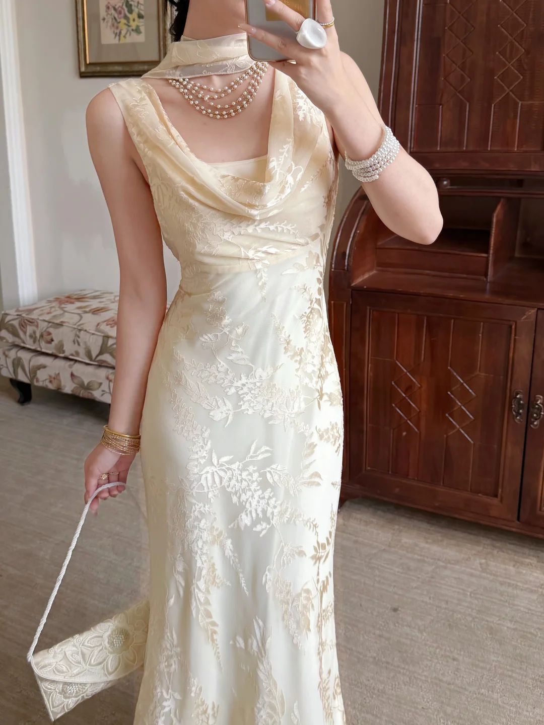 Gentle Mermaid Print Flower Light Champagne Chiffon Long Prom Dress Evening Dress DP6788