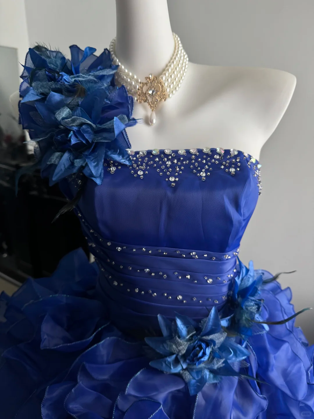 Royal Blue Ball Gown One Shoulder Beaded Ruffle Organza Prom Dress Quinceanera Dress DP6961