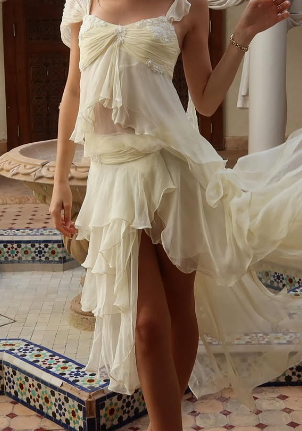 Gentle A Line Two Piece Appliques Tiered Ivory Chiffon Party Dress Evening Dress DP4936