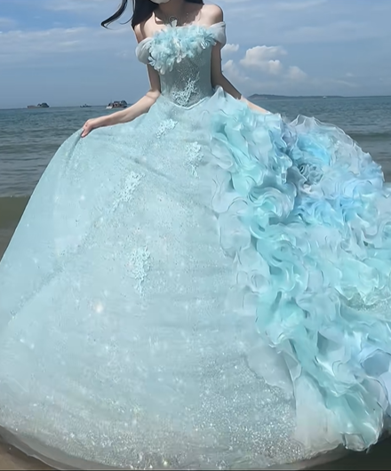 Blue A Line Off the Shoulder Sequin Floral Organza Prom Dress Graduation Ball Gown DP4566