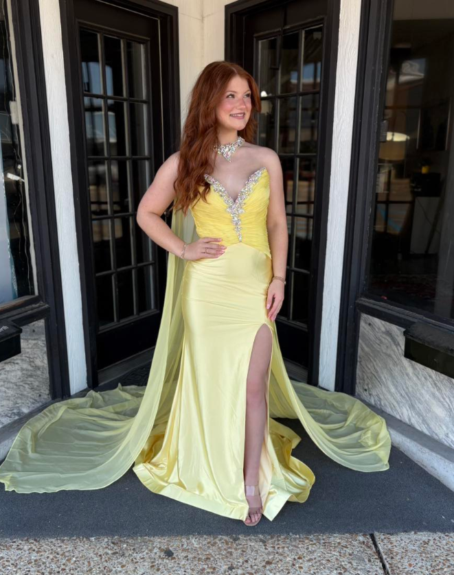 Pretty Yellow Mermaid Sweetheart Neck Rhinestone Satin Prom Dress Party Evening Dress DP6295
