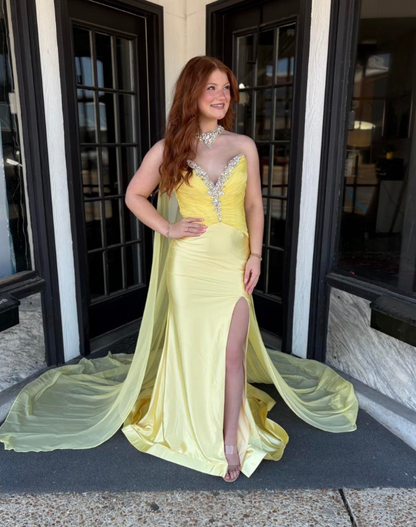 Pretty Yellow Mermaid Sweetheart Neck Rhinestone Satin Prom Dress Party Evening Dress DP6295