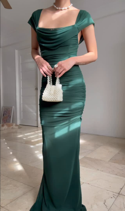 Elegant Sheath Straps Dark Green Tulle Long Graduation Prom Dress DP4876