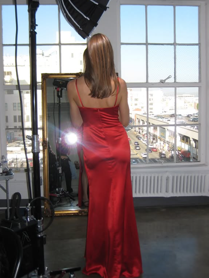 Unique Red Sheath Straps Satin Long Prom Dress Evening Dress with Slit DP6224