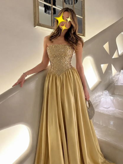 Gold A Line Strapless Beaded Satin Long Prom Dress Evening Dress DP6938