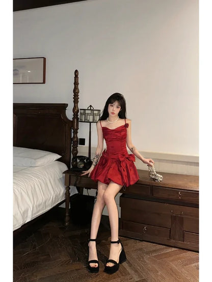 Sexy Red Bow A Line Spaghetti Strap Satin Short Homecoming Dress Outfits DP6396