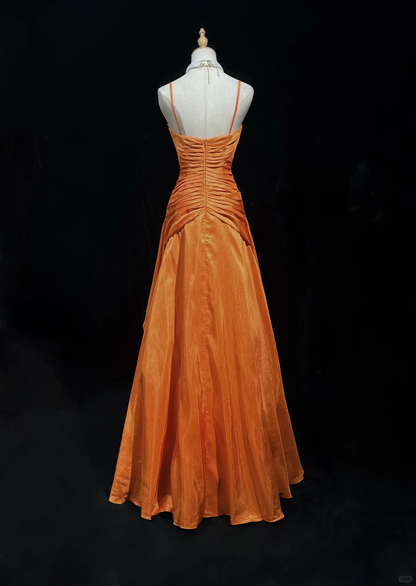 Vintage A Line Spaghetti Strap Beaded Pleated Bright Orange Satin Prom Dress Party Dress DP2765