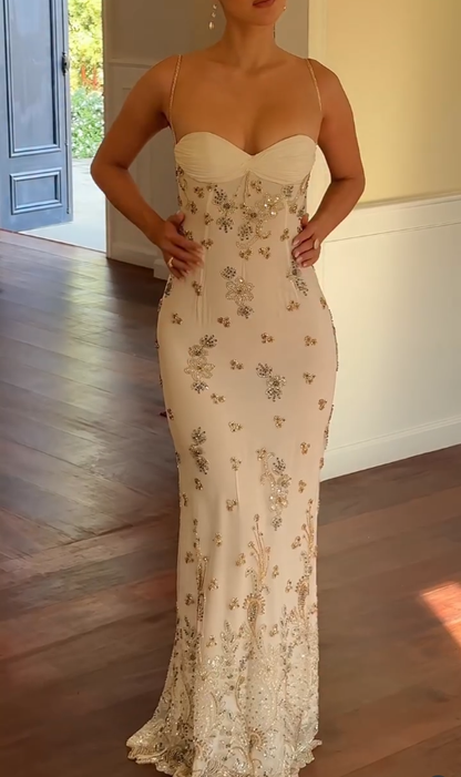Elegant Sheath Spaghetti Strap Beaded White Chiffon Long Prom Dress Evening Dress DP4765
