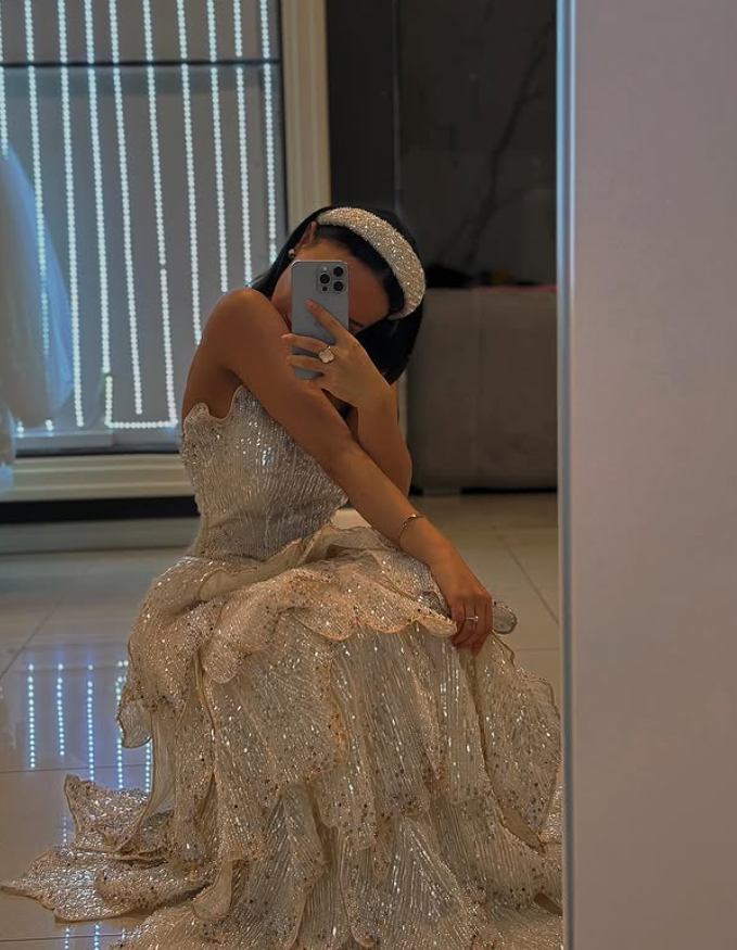Shiny Champagne A Line Strapless Layered Sequin Long Prom Dress Evening Dress DP6064