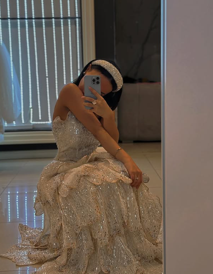 Shiny Champagne A Line Strapless Layered Sequin Long Prom Dress Evening Dress DP6064