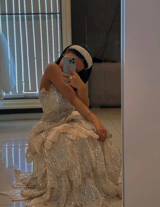 Shiny Champagne A Line Strapless Layered Sequin Long Prom Dress Evening Dress DP6064