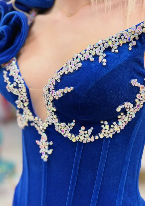 Elegant Mermaid One Shoulder Beaded Velvet Slit Long Prom Dress Evening Dress DP6281