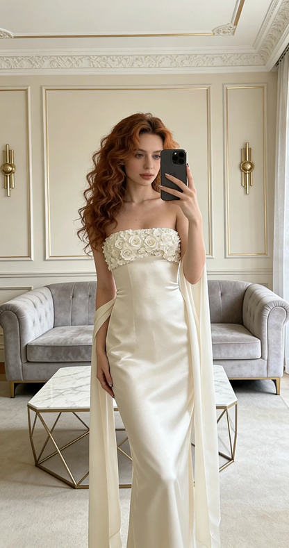 Elegant Iovry A Line Floral Satin Long Prom Dress Evening Dress DP5149