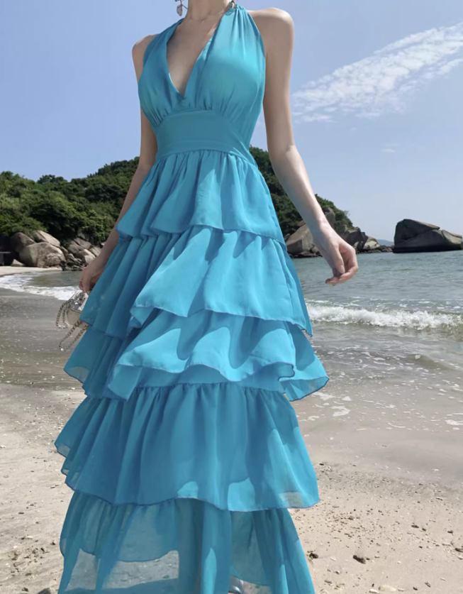Blue Backless A Line Halter Layered Chiffon Long Vacation Dress Outfits DP3401