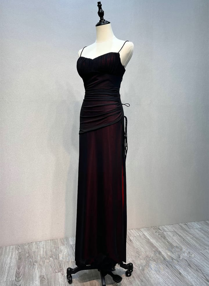 Sexy Backless Burgundy Straps Long Evening Dress Side Slit Prom Dress DP193