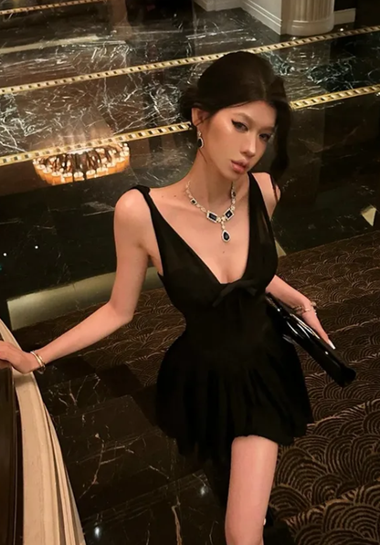Sexy Black A Line Straps Beaded Chiffon Short Vacation Dress Outfits DP4897