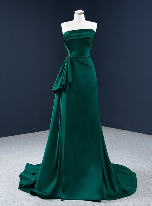 A-Line Dark Green Satin Strapless Pleats Beading Prom Dress DP213