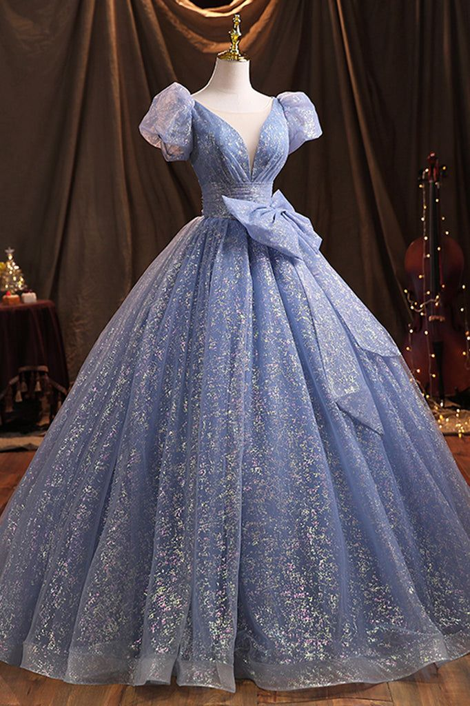 Blue Tulle Sequins Long Prom Dress A-Line Ball Gown Willth Bow DP155