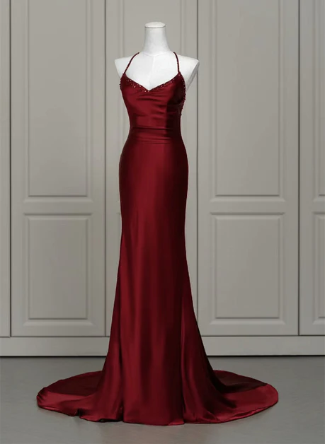 Burgundy Satin Mermaid Beaded Low Back Prom Dress Evening Dress DP380