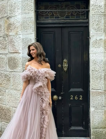 Princess Grey-purple A Line Off the Shoulder Tulle Prom Dress Evening Dress with Slit DP6205